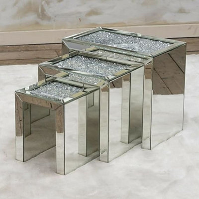 Biznest Mirrored Coffee Table Nest Of Tables Crushed Crystal Diamond Living Room Stand