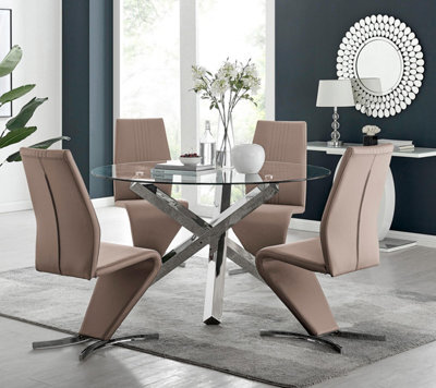 Furniturebox Uk Vogue Large Round Chrome Metal Clear Glass Dining Table And 4 Cappuccino Beige Willow Dining Chairs Set - image 1