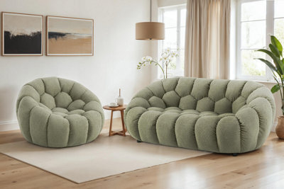Sage Green Teddy Boucle Fabric 2 + 1 Seater Sofa And Armchair Set For Living Room Atrani - image 1