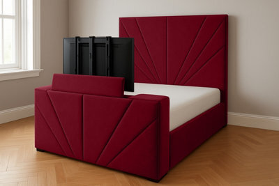 Royal View Velvet Upholstered Smart Tv Bed Frame - Plush Velvet, Red