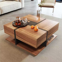 HomeTouch Square Coffee Table With 4 Drawers And Storage Side Table For Living Room