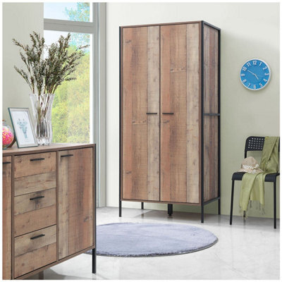 Timber Art Design Stretton Urban 2 Door Double Wardrobe Bedroom Furniture Rustic Industrial Oak - image 1