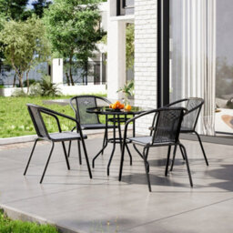 Breeins Black Set Of 5 Garden Furniture Set Outdoor Dining Set Round Glass Umbrella Table And Stacking Chairs For Patio - thumbnail 2