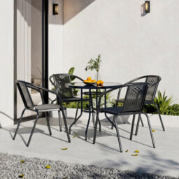 Breeins Black Set Of 5 Garden Furniture Set Outdoor Dining Set Round Glass Umbrella Table And Stacking Chairs For Patio - thumbnail 1