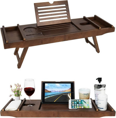 Mantraraj Bamboo Extendable Bath Tub Caddy Tray With Foldable Legs & Wine Tablet Holder - image 1