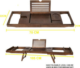 Mantraraj Bamboo Extendable Bath Tub Caddy Tray With Foldable Legs & Wine Tablet Holder - thumbnail 3