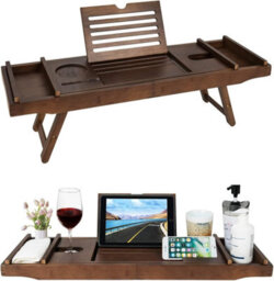 Mantraraj Bamboo Extendable Bath Tub Caddy Tray With Foldable Legs & Wine Tablet Holder