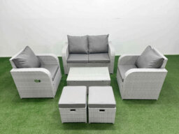 Fimous Light Grey Pe Wicker Rattan Garden Furniture Set Sofa Set Reclining Adjustable Chair Coffee Table 6 Seater 2 Small Stools - thumbnail 2