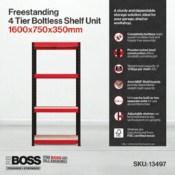 Rb Boss Garage Shelving Units 4 Shelf Mdf Red & Black Powder Coated Steel (H)1600mm (W)750mm (D)350mm, Pack Of 2 - thumbnail 5