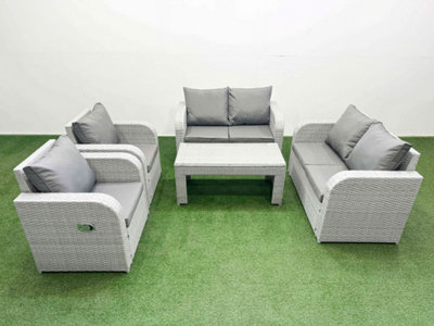 Fimous 6 Seater Outdoor Reclining Chair Love Sofa Set Rattan Garden Furniture Set Oblong Coffee Table Light Grey - image 1