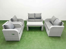 Fimous 6 Seater Outdoor Reclining Chair Love Sofa Set Rattan Garden Furniture Set Oblong Coffee Table Light Grey - thumbnail 2