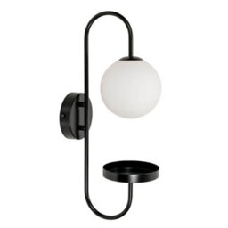 Valuelights Milo Frosted Glass Globe Shade Curved Matte Black Wall Light With Shelf And Bulb - thumbnail 2