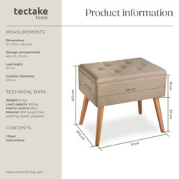 Tectake Bench Ranya Upholstered Linen Look With Storage Space - 300Kg Capacity - Sand - thumbnail 6