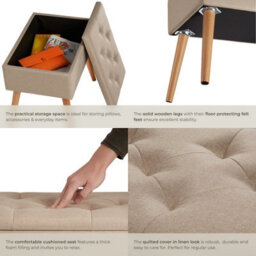 Tectake Bench Ranya Upholstered Linen Look With Storage Space - 300Kg Capacity - Sand - thumbnail 4