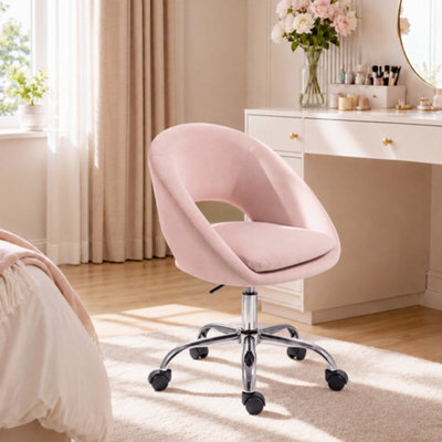 Homcom Velvet Desk Chair With Height-Adjustable, Wheels, Pink - image 1