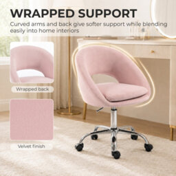 Homcom Velvet Desk Chair With Height-Adjustable, Wheels, Pink - thumbnail 5