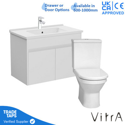 Vitra 800mm Wall Hung Bathroom Vanity Unit With 2 Doors Includes Basin, Chrome Tap And Close Coupled Toilet Set - White Gloss - image 1