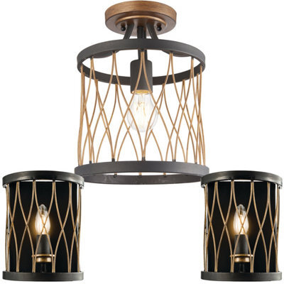 Ceiling Lamp & 2X Matching Wall Light Bronze Matt Black Metal Vintage Bulb Cage - image 1