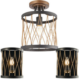 Ceiling Lamp & 2X Matching Wall Light Bronze Matt Black Metal Vintage Bulb Cage