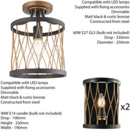 Ceiling Lamp & 2X Matching Wall Light Bronze Matt Black Metal Vintage Bulb Cage - thumbnail 2