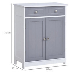Bathroom Floor Storage Cabinet W/ 2 Drawers Door Cupboard Grey White - thumbnail 2