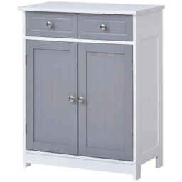 Bathroom Floor Storage Cabinet W/ 2 Drawers Door Cupboard Grey White - thumbnail 3