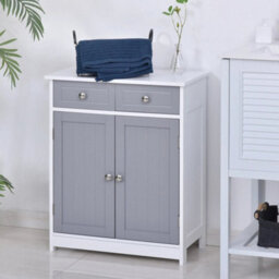 Bathroom Floor Storage Cabinet W/ 2 Drawers Door Cupboard Grey White - thumbnail 4