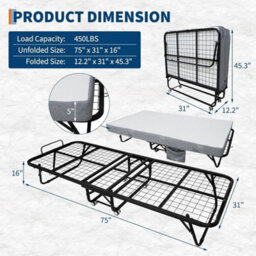 190Cm Folding Bed With Mattress Portable Rollaway Guest Bed On Wheels - thumbnail 2
