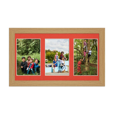 AK Frames 40X20Cm Light Oak Modern Multi Photo Frame With Poppy Red Mount - Holds 3 Apertures (3X) 6X4 Photos - image 1