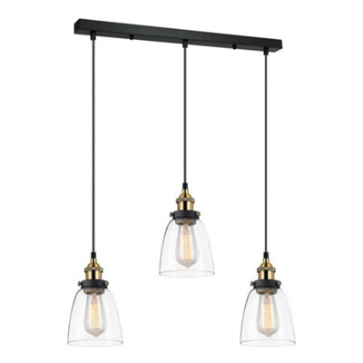 Luminosa Lighting Luminosa Industrial And Retro Hanging Pendant Black, Gold 3 Light  With Clear Shade, E27 Dimmable
