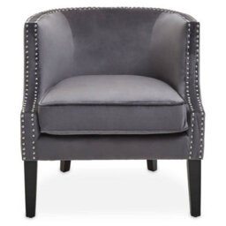 Orsina Grey Velvet Studded Chair, Easy To Clean Leather Armchair, Body Supportive Accent Chair