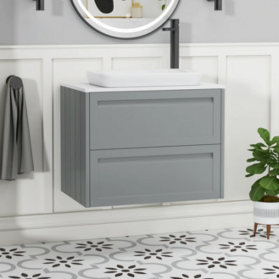 Royal Bathrooms Royal Bathroom Elmore 700mm Matt Pebble Grey Wall Mounted Bathroom Vanity Unit 2 Drawer Plain White Worktop With Qubix Basin - image 1