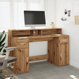 Berkfield Desk With Led Lights Artisian Oak 140X55X91 Cm Engineered Wood - thumbnail 4