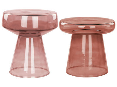 Wyld And Coco Home Set Of 2 Red Transparent Glass Round Side Tables 37X37X43Cm And 39X39X40Cm - image 1
