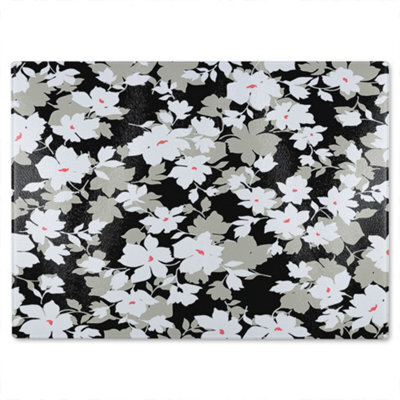Benjamin Tate Design Grey White & Black Flowers Glass Chopping Board - image 1