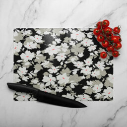 Benjamin Tate Design Grey White & Black Flowers Glass Chopping Board - thumbnail 3