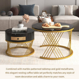 Matteo 2-In-1 Round Coffee Table Set - Marble Effect Mdf With Rattan Drawers, Black & Gold - thumbnail 8