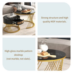 Matteo 2-In-1 Round Coffee Table Set - Marble Effect Mdf With Rattan Drawers, Black & Gold - thumbnail 5