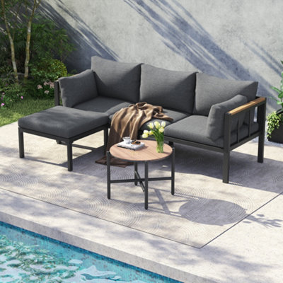 Btm Grey Corner Garden Set With Sofa, Table, Footstool, Galvanized Steel Frame & Glass Top, Outdoor - image 1