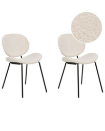 Beliani Bouclé Dining Chairs Set Of 2 White Armless With Black Iron Legs - thumbnail 3