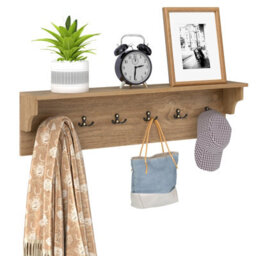 Gainoom Wall Hooks Natural Wooden Coat Rack Wall Floating Shelf With 6 Hooks For Hats Towels Purses Robes