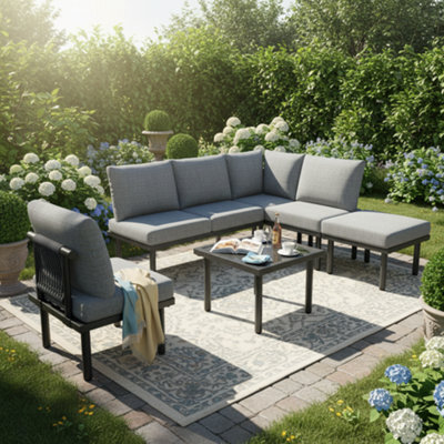 6 Seater Garden Furniture Set Rope Garden Sofa Set With Glass Coffee Table Galvanised Steel Frame Weatherproof Outdoor Patio Furni - image 1