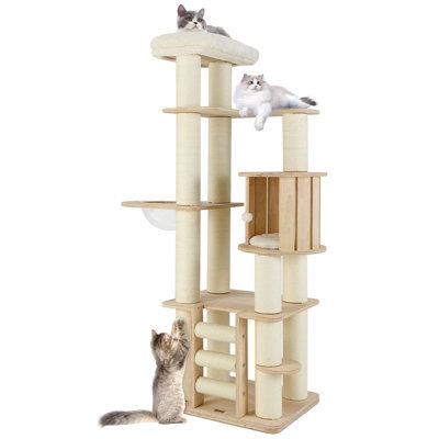 Costway 180 Cm Tall Cat Tree Wooden Cat Tower W/ Cozy Perch & Condo-Natural - image 1