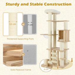 Costway 180 Cm Tall Cat Tree Wooden Cat Tower W/ Cozy Perch & Condo-Natural - thumbnail 5