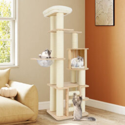 Costway 180 Cm Tall Cat Tree Wooden Cat Tower W/ Cozy Perch & Condo-Natural - thumbnail 7
