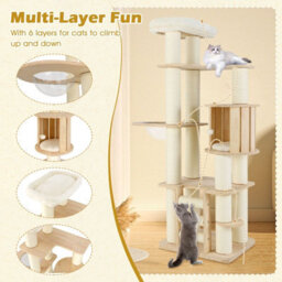 Costway 180 Cm Tall Cat Tree Wooden Cat Tower W/ Cozy Perch & Condo-Natural - thumbnail 6