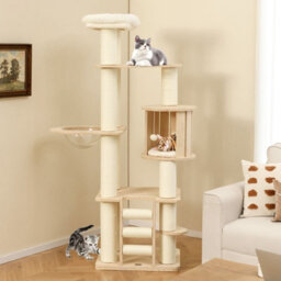 Costway 180 Cm Tall Cat Tree Wooden Cat Tower W/ Cozy Perch & Condo-Natural - thumbnail 3