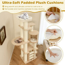 Costway 180 Cm Tall Cat Tree Wooden Cat Tower W/ Cozy Perch & Condo-Natural - thumbnail 9