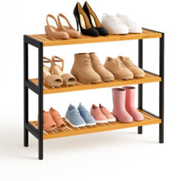 Innoteck 3 Tier Bamboo Shoe Rack Black And Bamboo Holds 12 Pairs Freestanding 69.5W X 26D X 53H Cm