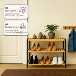 Innoteck 3 Tier Bamboo Shoe Rack Black And Bamboo Holds 12 Pairs Freestanding 69.5W X 26D X 53H Cm - thumbnail 4